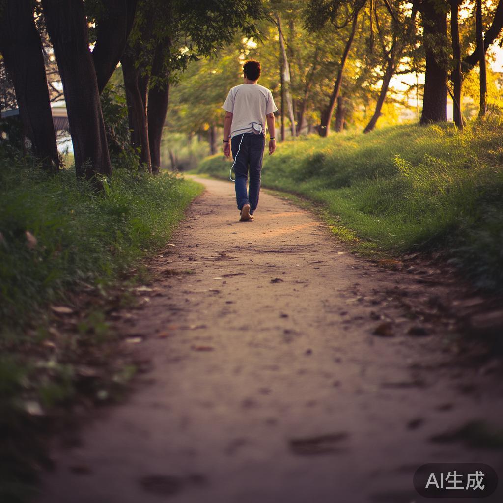 我走在公园的小径上，耳机里的音